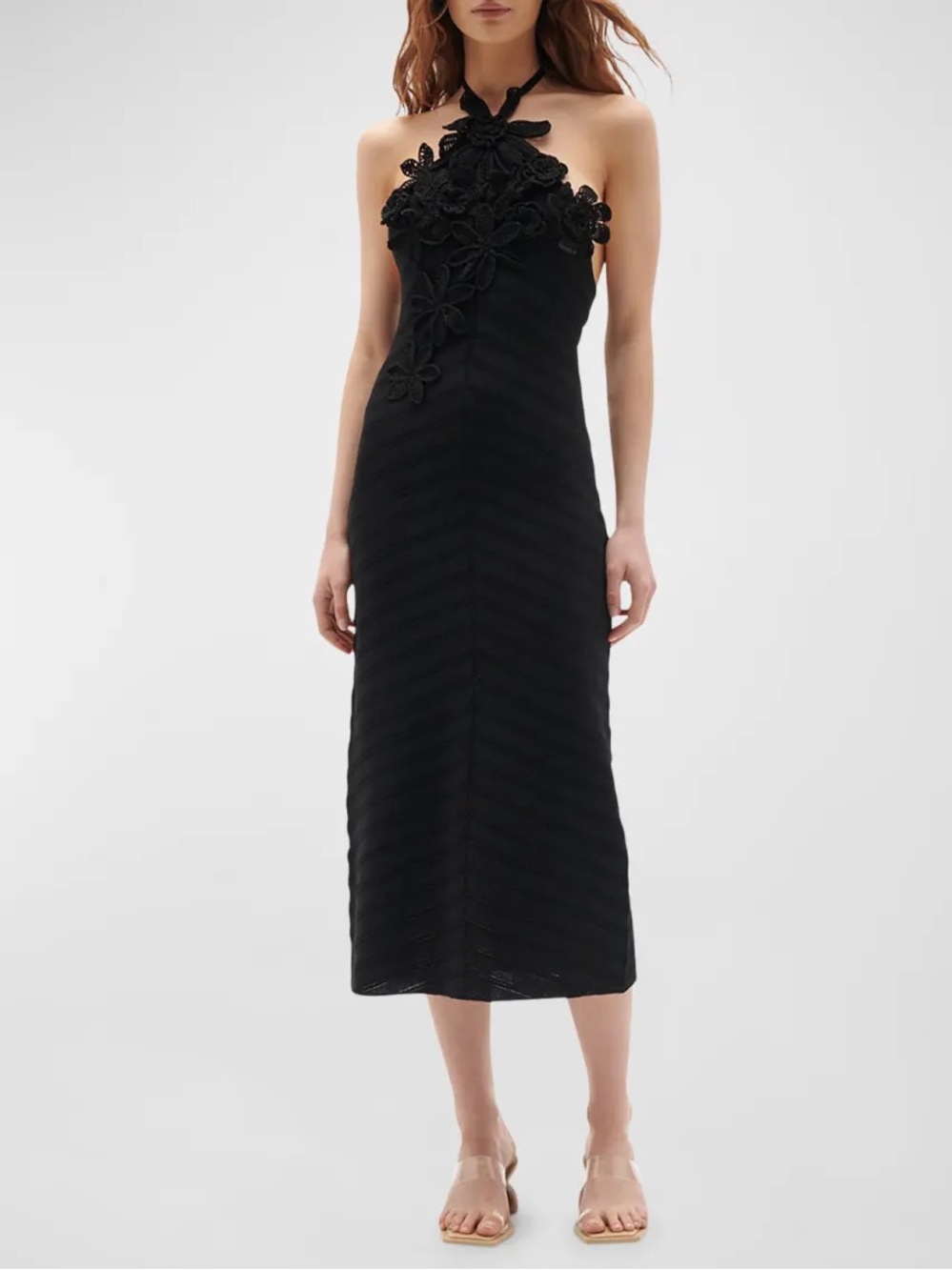 Figue | Black Ayellet Crochet Knit Flower Halter Midi Dress NWT $798
